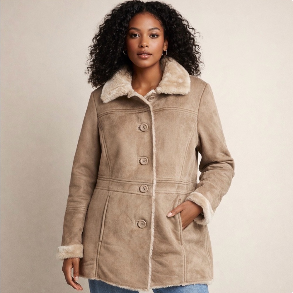 Big Chill Penny Lane Faux Shearling Suede Coat Womens L Y2K Vintage Boho Western